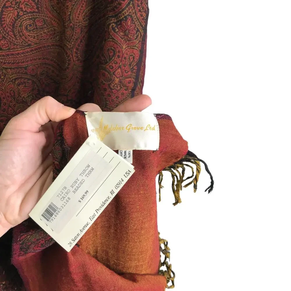 Malabar Grove Ltd Cairo Ruby Throw Beaded Paisley Wool Scarf Wrap Red‎ NEW